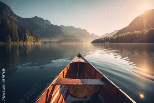 Canoe floating on a serene mountain lake surrounded by tall pine trees on a peaceful morning. Ai generated © twindesigner
