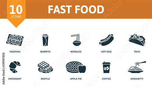 Fast food outline set. Creative icons: takoyaki, burrito, noodles, hot dog, taco, croissant, waffle, apple pie, coffee, spaghetti.
