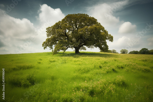 Oak Tree in Meadow. Calming landscape of a meadow with an oak tree in the middle.Ai generated