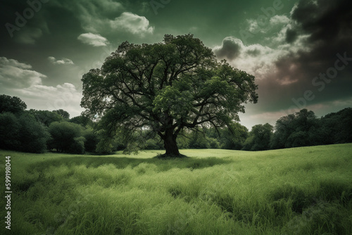 Oak Tree in Meadow. Calming landscape of a meadow with an oak tree in the middle.Ai generated