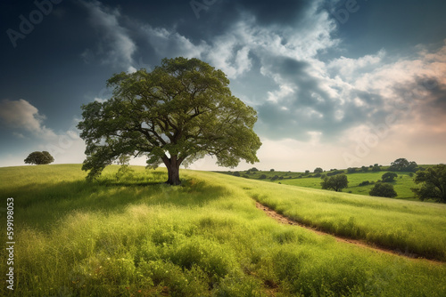 Oak Tree in Meadow. Calming landscape of a meadow with an oak tree in the middle.Ai generated © twindesigner