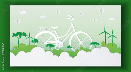 Green of eco friendly city and urban forest landscape abstract background.Vector illustration in paper cut style