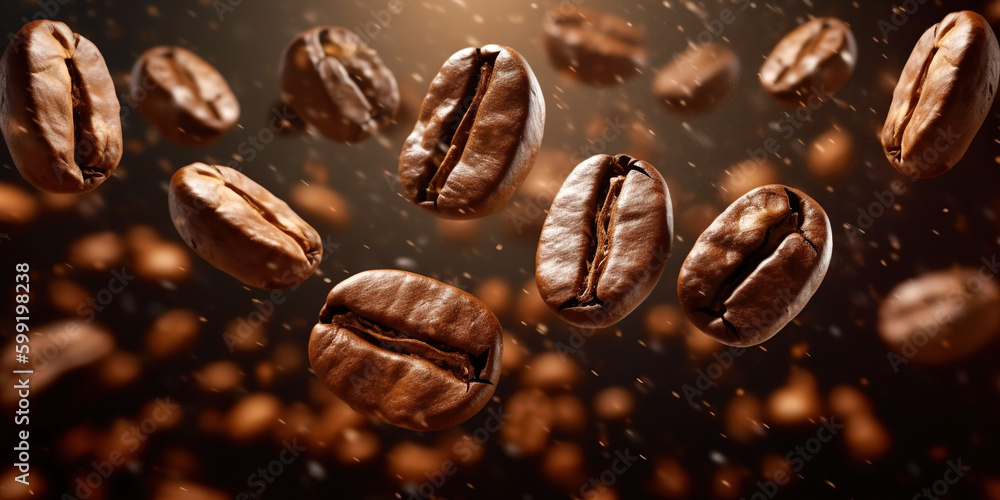 Flying coffee beans background. Close-up brown coffee beans banner. generative ai. Closeup coffee grains background Flying coffee beans background. Close-up brown coffee beans banner. generative ai. Closeup coffee grains background