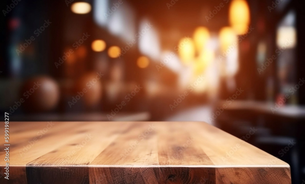 Empty Wooden Table in Cafe Interior for Product Concept on blur Background