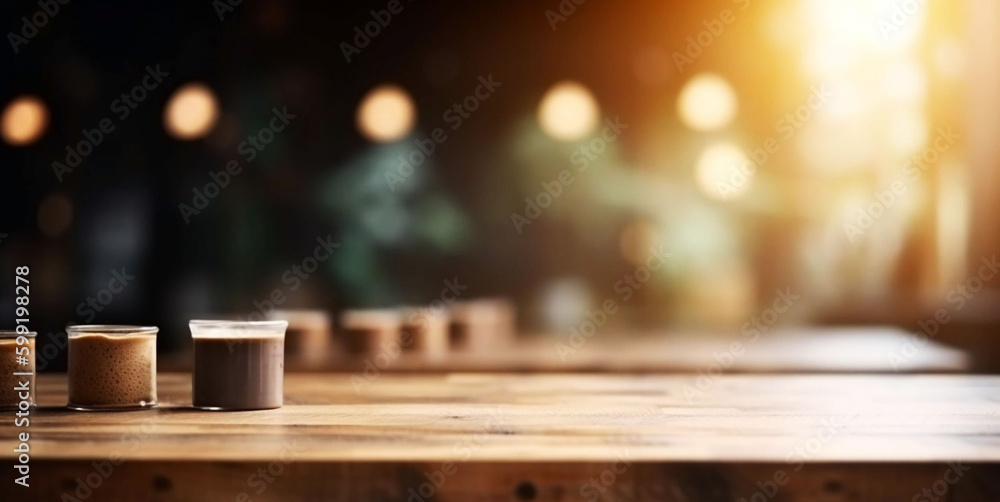 Empty Wooden Table in Cafe Interior for Product Concept on blur Background