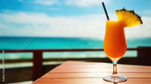 Orange Slide cocktail on background with blue sea and sky tropical background. Generative AI