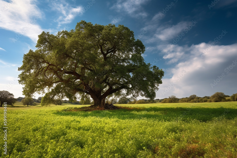 Oak Tree in Meadow. Calming landscape of a meadow with an oak tree in the middle.Ai generated Oak Tree in Meadow. Calming landscape of a meadow with an oak tree in the middle.Ai generated