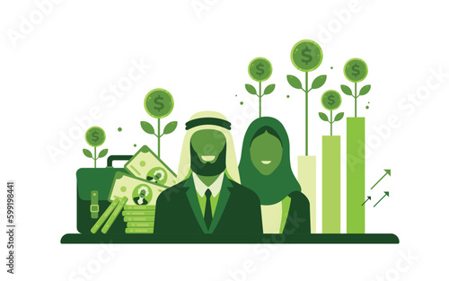 Formally dressed muslim man and woman with happy faces shows upturn or growth of united states economy or value of us dollar