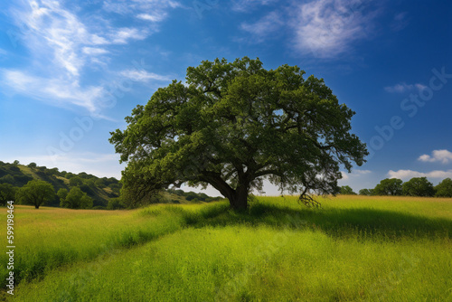 Oak Tree in Meadow. Calming landscape of a meadow with an oak tree in the middle.Ai generated