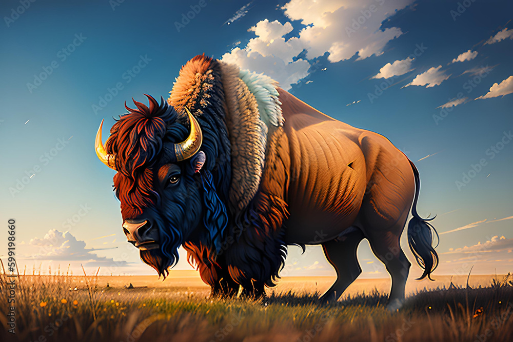 Fototapeta premium Illustration of bison in North American prairie.