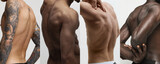 Cropped photo collage with ethnically diverse male attractive bodies posing over white studio background. Men posing shirtless