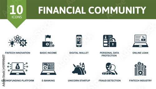 Financial community outline set. Creative icons: fintech innovation, basic income, digital wallet, personal data protection, online loan, crowdfunding platform, e-banking, unicorn startup, fraud
