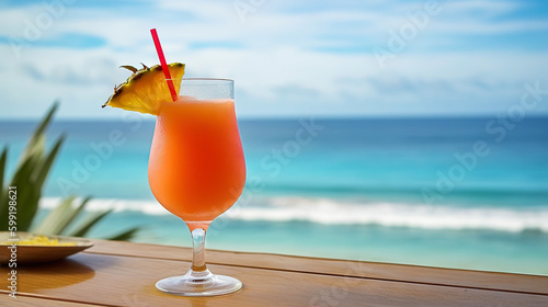 Paloma cocktail on background with blue sea and sky tropical background. Generative AI