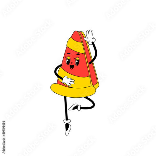 Groovy cartoon style pie mascot. Traditional american food on Thanksgiving day. Food character in 60s, 70s. Sweet food pastry