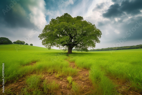 Oak Tree in Meadow. Calming landscape of a meadow with an oak tree in the middle.Ai generated