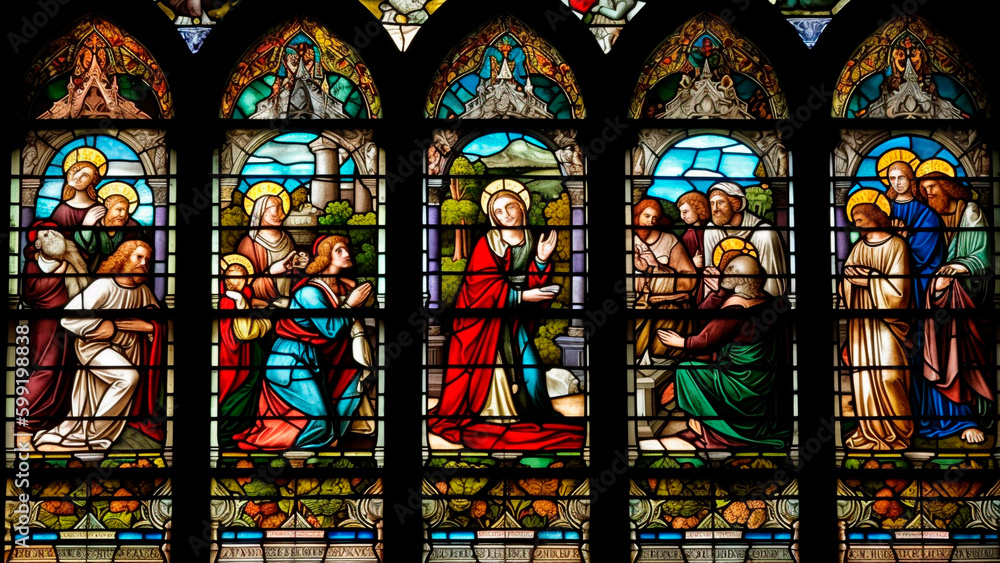 A stunning stained glass window in a church that depicts a religious scene or symbol. A stunning stained glass window in a church that depicts a religious scene or symbol.