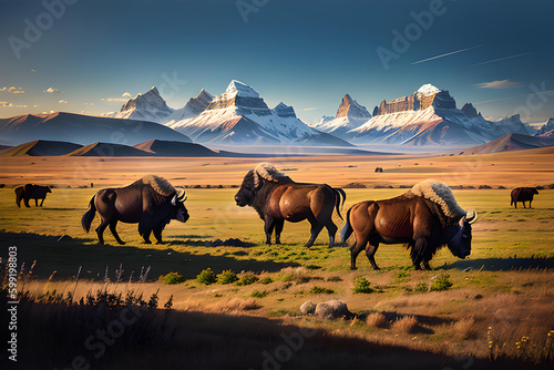 Illustration of bison in North American prairie.