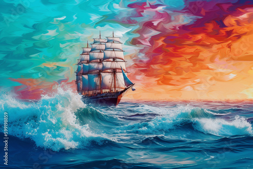 Vibrant Sailing Ship on the sea with big waves of colorful vibrant chromatic  representing an artistic concept with a splash of colors. Ai generated