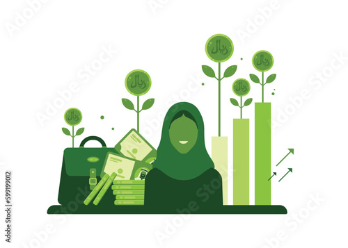 Saudi woman with happy face shows upturn or growth of saudi economy or value of saudi riyal