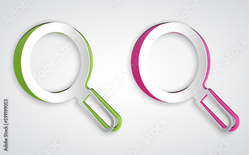 Paper cut Magnifying glass icon isolated on grey background. Search, focus, zoom, business symbol. Paper art style. Vector