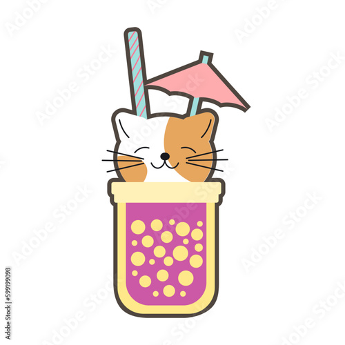 Vector illustration of cute kawaii hand drawn cat in anime style in a glass of cocktail with bubbles, favorite catcktail, drawing for children s menu, cocktail party EPS