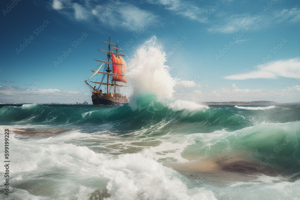 Obraz premium Vibrant Sailing Ship on the sea with big waves of colorful vibrant chromatic, representing an artistic concept with a splash of colors. Ai generated