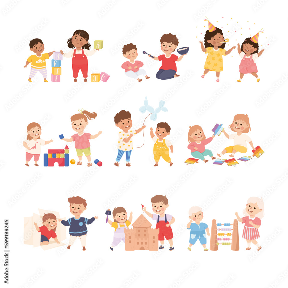 Happy cute kids playing together. Brothers and sisters having fun at party, building sandcastle, playing toy blocks cartoon vector illustration Happy cute kids playing together. Brothers and sisters having fun at party, building sandcastle, playing toy blocks cartoon vector illustration