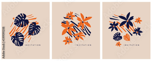 Simple Vector Print with Orange Hand Drawn Tropical Flowers and Royal Blue Monstera Leaves on a Dusty Beige Background. Modern Abstract Exotic Garden Design. Floral Print ideal for Invitation, Card.