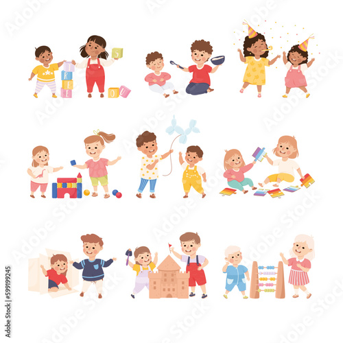 Happy cute kids playing together. Brothers and sisters having fun at party, building sandcastle, playing toy blocks cartoon vector illustration