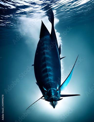 A dark and moody underwater shot of a sailfish running