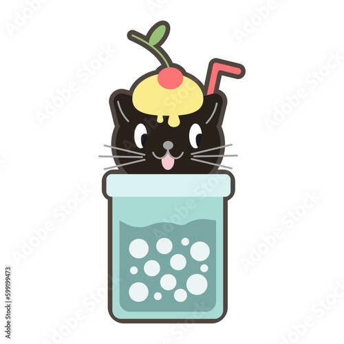 Vector illustration of cute kawaii hand drawn cat in anime style in a glass of cocktail with bubbles, favorite catcktail, drawing for children s menu, cocktail party EPS