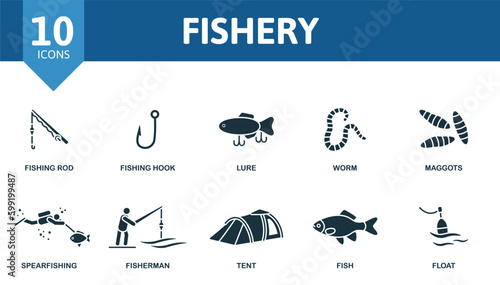 Fishery outline set. Creative icons: fishing rod, fishing hook, lure, worm, maggots, spearfishing, fisherman, tent, fish, float.