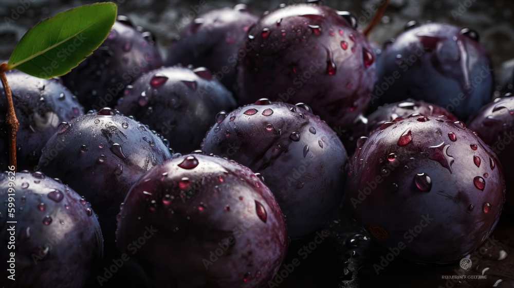 Fresh ripe acai berries with water drops background. Berries backdrop. Generative AI Fresh ripe acai berries with water drops background. Berries backdrop. Generative AI