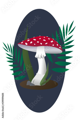 vector flat color illustration of a large red fly mushroom with white spots and forest plants