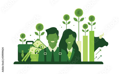 Well dressed man and woman with happy faces shows upturn or growth of united kingdom economy or value of pound sterling or bull market
