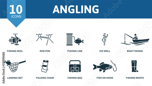 Angling outline set. Creative icons: fishing reel, rod pod, fishing line, ice drill, boat fishing, landing net, folding chair, fishing bag, fish on hook, fishing boots.