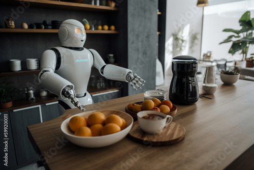 Robot Chef in the kitchen, preparing breakfast with advanced AI technology and modern design.Ai generated