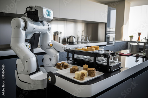 Robot Chef in the kitchen, preparing breakfast with advanced AI technology and modern design.Ai generated