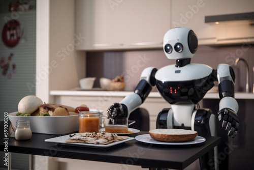 Robot Chef in the kitchen, preparing breakfast with advanced AI technology and modern design.Ai generated