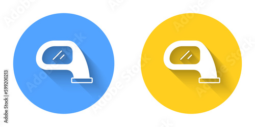 White Car mirror icon isolated with long shadow background. Circle button. Vector