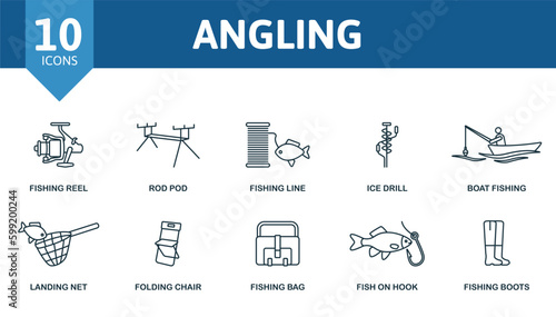 Angling outline set. Creative icons: fishing reel, rod pod, fishing line, ice drill, boat fishing, landing net, folding chair, fishing bag, fish on hook, fishing boots.