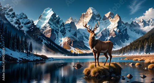 Illustration of deer in nature. Forest, lake, sky. © Robert Rozbora