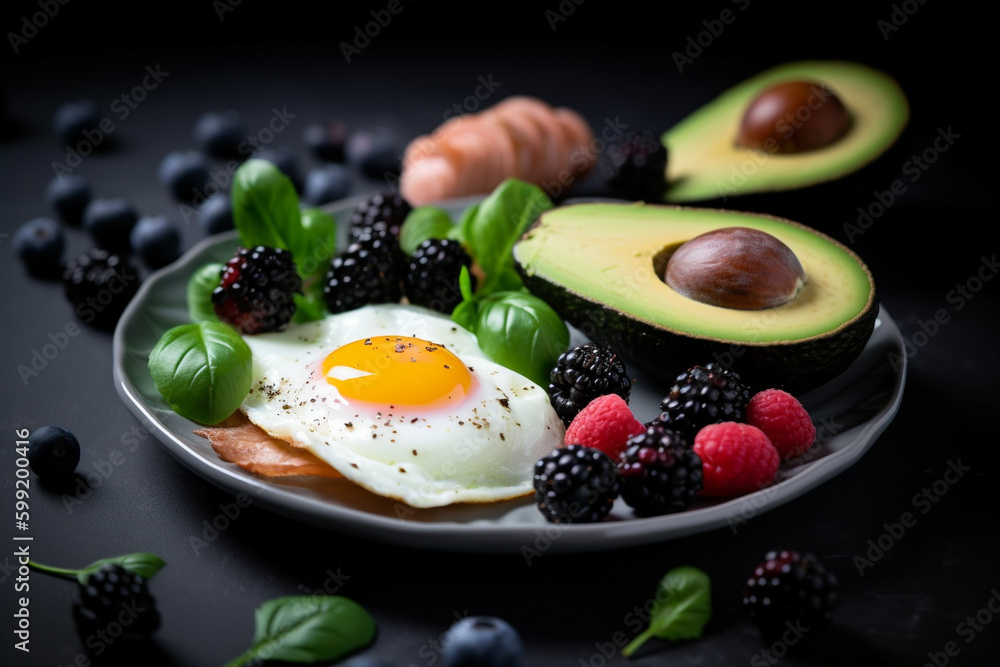 Keto Breakfast. Delicious and healthy keto breakfast with eggs, bacon, avocado, and forest berries. Ai generated