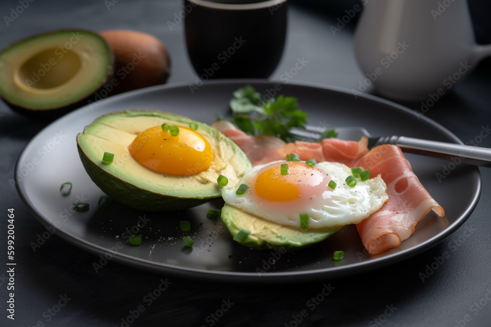 Keto Breakfast. Delicious and healthy keto breakfast with eggs, bacon, avocado, and forest berries. Ai generated Keto Breakfast. Delicious and healthy keto breakfast with eggs, bacon, avocado, and forest berries. Ai generated