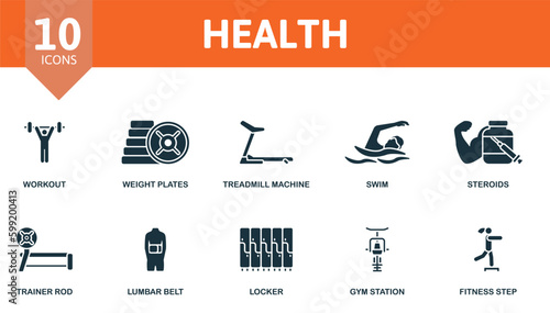 Health outline set. Creative icons: workout, weight plates, treadmill machine, swim, steroids, trainer rod, lumbar belt, locker, gym station, fitness step.