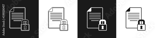 Set Document and lock icon isolated on black and white background. File format and padlock. Security, safety, protection concept. Vector