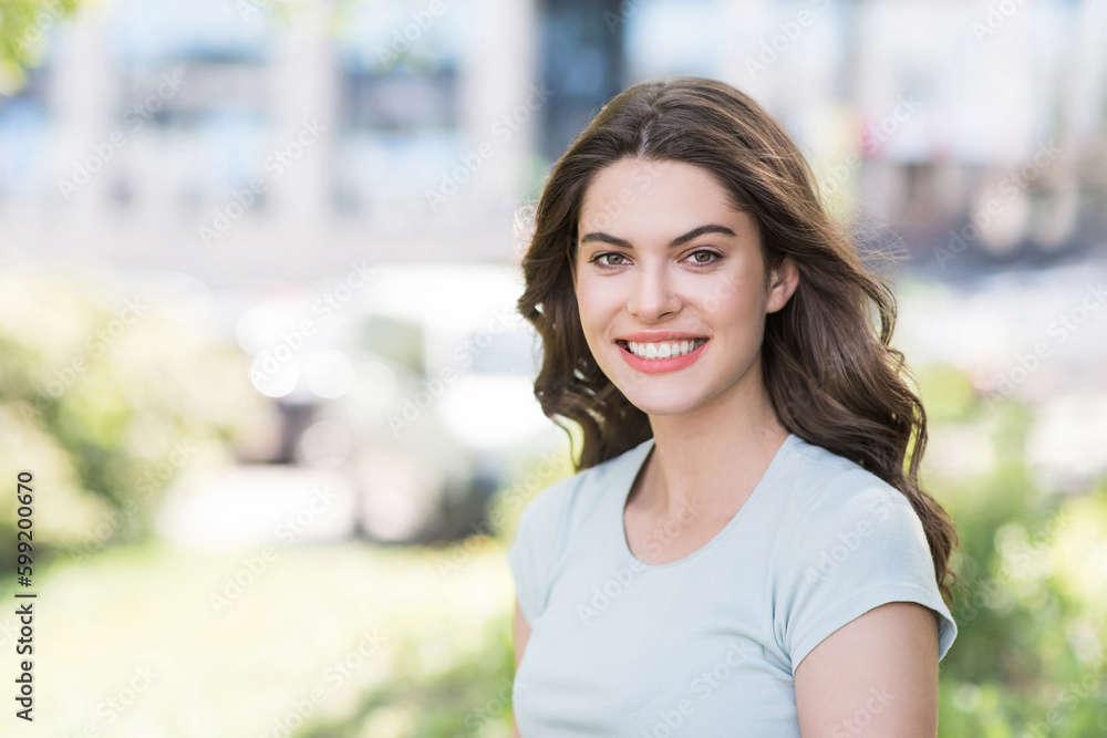 Young beautiful woman summer portrait, Pretty student girl smiling in a city