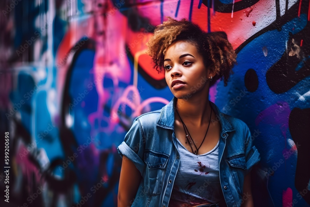 Naklejka premium A mixed media portrait of a woman wearing a graphic t - shirt and ripped jeans in a street art style with bold lines and vibrant colors AI-Generated iamge