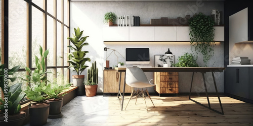 Modern office interior design full of plants. Table, chair, computer. Place of work, workspace. Generative AI image.