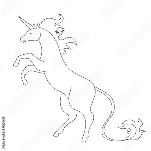 vector illustration of a unicorn on its hind legs with a long horn and a long tail with a tassel  black and white lin magical mythical horse 